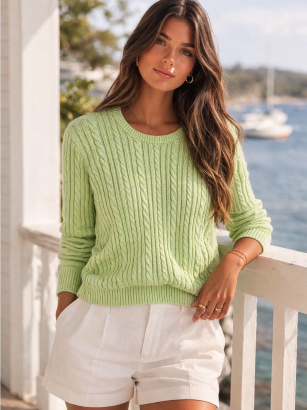 Talbots Petite Cable Knit Sweater Lime Green Cotton Fitted Preppy Minimalist S
